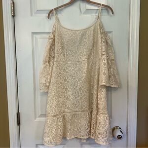 Cato Lace Dress Crochet Cold Shoulder Ivory Coquette Romantic Fairy Sz L FLAW